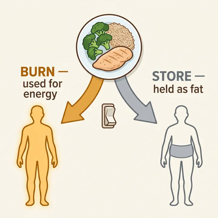 Diagram contrasting energy being burned versus stored