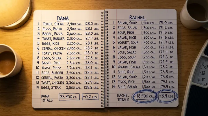 A handwritten food log on a kitchen table